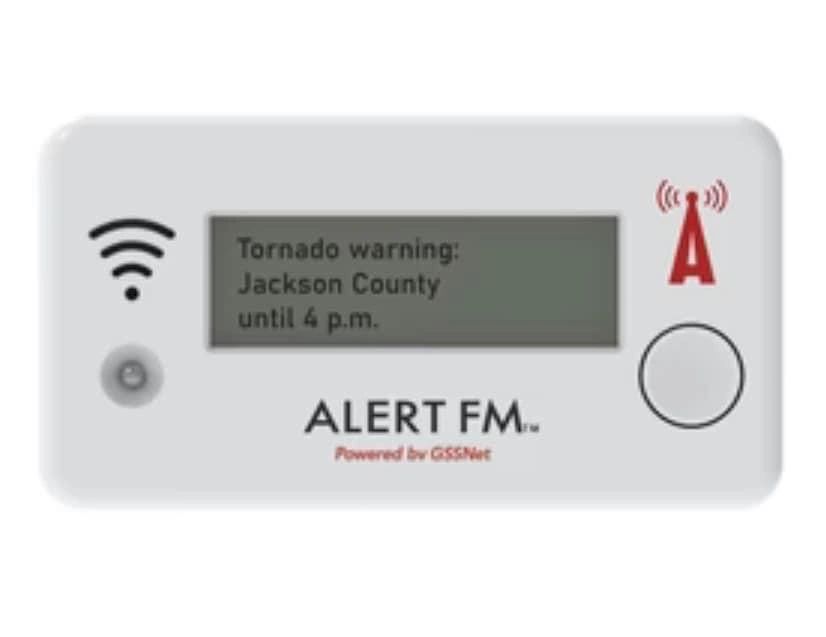 Alert FM device showing a tornado warning for Jackson County until 4 p.m.